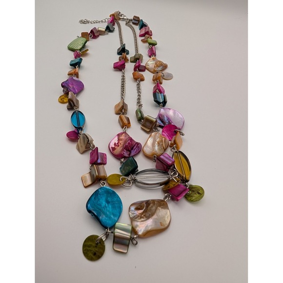 Statement Necklace Colorful Shells Silver Tone Chain Layered Adjustable - Picture 1 of 7
